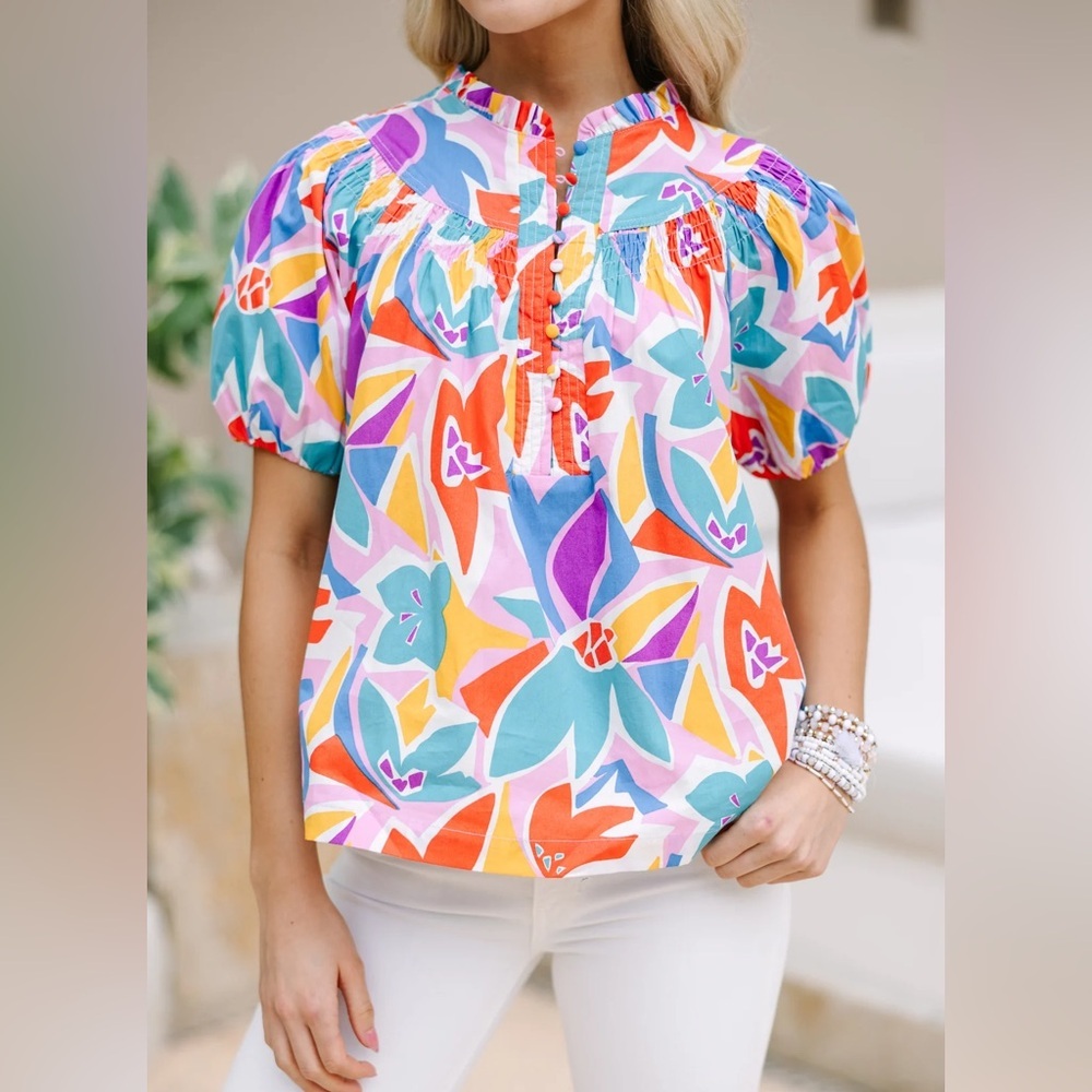 Fate: All My Life White Multi Abstract Blouse Size Large